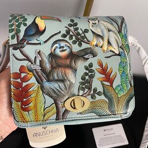 Anuschka NWT Leather Rainforest Crossbody/shoulder Hand painted Bag Blue